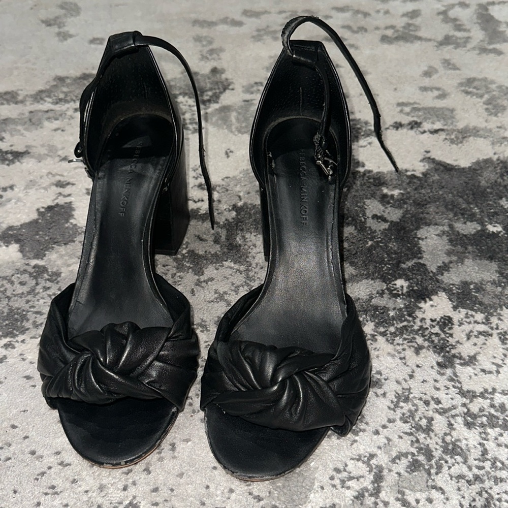 Rebecca Minkoff black leather knot front block heels sandal
